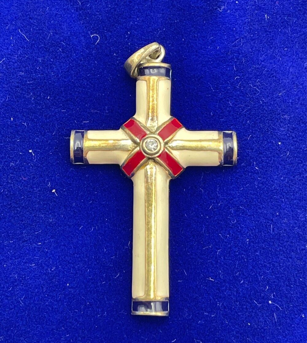 Danbury Mint Sterling Silver Diamond Center Enamel Cross Pendant MBI 925 USA VTG